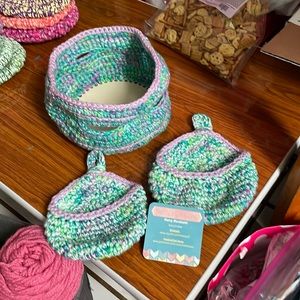 Crocheted baskets, Purple and Teal. . Handmade by me. You get all 3.